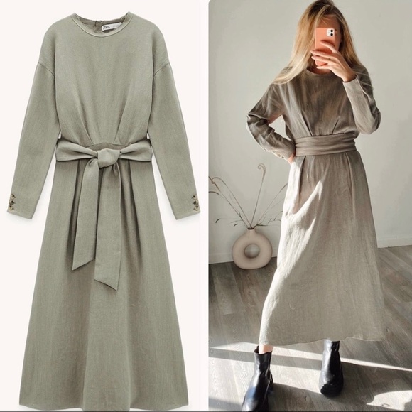 ZARA Linen Blend Midi Dress with Tie Belt - Picture 5 of 5